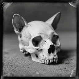 cat skull in dust, old vintage photography, damaged photo, daguerreotype, ambrotype, black and white, archive, film artifacts, scratches, tears, hyperrealistic, ultra detailed
