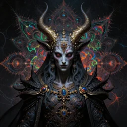 portrait of baphomet undead lord in sinister ambience, in style of dark fantasy art, in style of Midjourney, stylized, detailed and intricate, mandelbulber fractal, elegant, ornate, horror, elite, ominous, haunting, beautiful digital painting, cinematic, cgsociety, H.R. Giger, Zdizslaw Beksinski, vivid chromatic colors and vibrant outlines