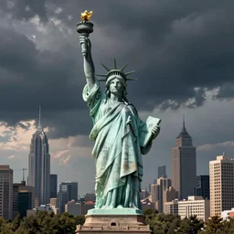 Rutger Hauer statue the size of The Statue of Liberty, guarding a future city