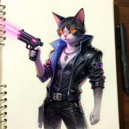cyberpunk cat in suit holding laser gun sketch