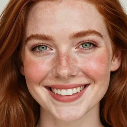 a smiling woman with red hair, green eyes, dimples, and rosy cheeks