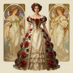 Nina Dobrev dressed in a victorian roses dress fashion, D&D, fantasy, intricate, elegant, highly detailed, digital painting, artstation, concept art, matte, sharp focus, illustration, art by Artgerm and Greg Rutkowski and meredit frampton and Alphonse Mucha