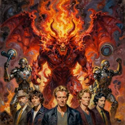 oil painting of demonic hellish beast with flaming head, by norman rockwell, jack kirby, alex ross, bergey, zdzislaw beksinski, ruan jia, jeremy mann, tom lovell, 5 0 s science fiction, pulp scifi fantasy marvel illustration