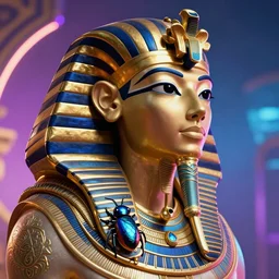 side portrait , fantasy , Pharaoh , ancient Egypt , high details , HD , gold accessories , blue Egyptian bug , hyper realistic , neon background