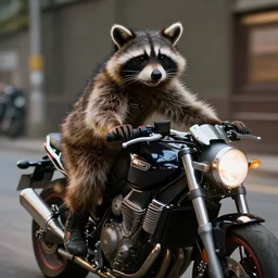 cinematic still of a raccoon dressed up as terminator on a motorbike