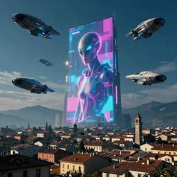 city of rivoli in italy, alien spaceships in the sky, in the style of blade runner, giant holographic adv, cinematic, neon lights, futuristic, cyberpunk, sharp focus, matte painting, variation in the composition, asymmetric, artstation
