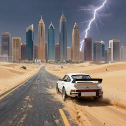 the view of the back of an 80's porsche rally car as it races down a sand covered 2 lane road towards the high rise cityscape of Dubai, some of the blacktop is showing, but it's mostly covered by sand, lightning bolts strike in the sky, sun shines down on the car, there is a magical ambiance in the air, fantasy illustration, detailed painting, and deep color