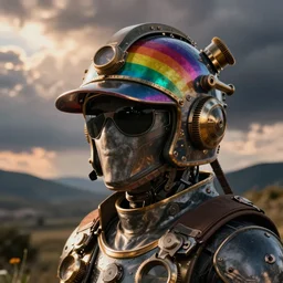 rainbow steampunk helmet with flip up visor, digital art