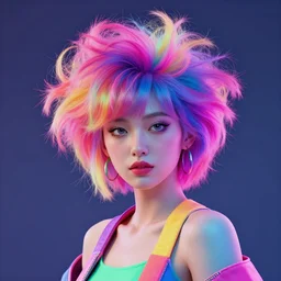 portrait of a post modern vaporwave fashion model with an exuberant hair style, colorful, octane render, vray, detailed, halftoned, editorial illustration, matte print, grainy light, ( ( dither ) ), risograph, high contrast, screen print