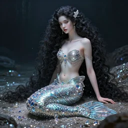 beautiful mermaid sitting on the shore made of sparkling gems, elegant, pretty face, long curly hair, dark fantasy, scifi, volumetric lights, intricate, intense detail, digital painting, artstation, concept art, soft shading, cinematic, hyperealistic, illustration, style of h. i'm r. giger, 3 d 4 k
