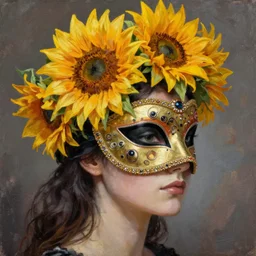 masquerade ball mask, vogue magazine, elle magazine, greg rutkowski, john singer sargent, trending on artstation, anime, oil painting, side profile portrait, looking right, sunflower crown, intricate