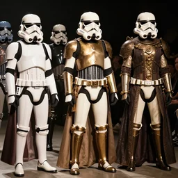 steampunk stormtroopers staging a fashion show while wearing haute couture