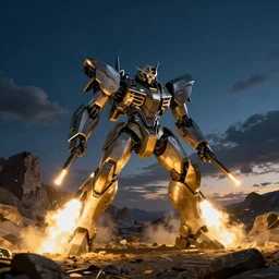 armored core v by liam wong, booster flares, legs, laser rifles, karst landscape, ; wide shot, outdoor, dark blue sky, cloud, wilderness ground, golden time, twilight ; digital painting, high contrast, dynamic backlighting, sharp edge, motion blur, photoreal