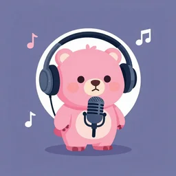 iconic vector logo of cute cuddly pink bear with a podcast microphone, melodic, headphones, music, streaming, dreamy, isometric, adorable, octane render, golden ratio, 4k UHD, iconic design