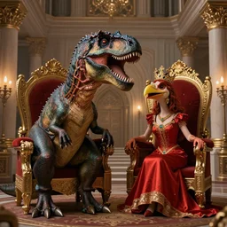 A tyrannosaurus king and a pterodactyl queen wearing crowns and sitting on their thrones in a palace. High resolution digital art 8k