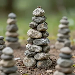 ants building a tower of babel, depth of field, dslr, tilt shift, stone tower, 8k, nature photography