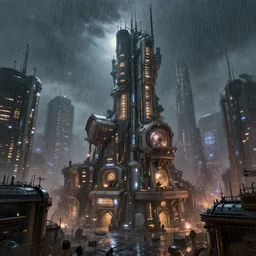 steam punk city under attack, concept art, magic, light rain