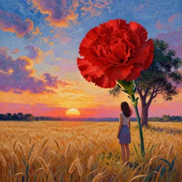 giant red carnation afro head, full body, girl watching sunset, empty wheat field, surreal photography, colorful clouds, tree, impressionist painting, colorful clouds, digital painting, pointillism, artstation, simon stalenhag