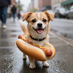 a happy dog!!! standing in a hotdog bun!!!, 3 5 mm f 1. 2 photograph, dof, new york street, wet, rainy, photorealistic