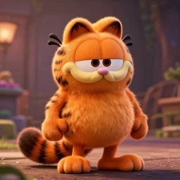 garfield in puss in boots as puss in boots movie still, cinematic lighting, ray tracing, octane render, long lens, shallow depth of field, bokeh, 8 k, hyper detailed, 3 5 mm film grain