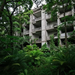 lush nature invade a strange brutalist building