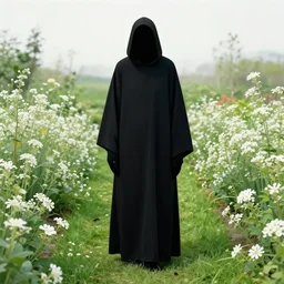 the black grim reaper standing in a garden of flowers, grass path, white flowers, by herbert bayer by aj casson