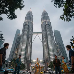a park with petronas twin towers in the background, misty evening, fantasy art, highly detailed matte painting, low angle view, telephoto lens 2 0 0 mm, by stanley artgerm lau, greg rutkowski, thomas kinkade, alphonse mucha, loish, norman rockwell, artstation