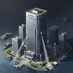 Concept Art Illustration of neo-Tokyo Bank Headquarters Map, in the Style of Akira, Syndicate Corporation, Anime, Dystopian, Highly Detailed, Special Forces Security, Searchlights, Boat Dock, For multiplayer Stealth fps bank robbery simulator, Unreal engine 5, Akira Color Palette, Inspired by MGS2 + SAC2 + FLCL, 8k :4 by Arc System works + Katsuhiro Otomo : 8