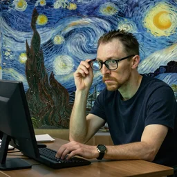 grumpy software dev working on a pair of spectacles, surreal, dali, van gogh