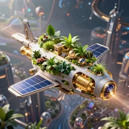 Solarpunk space ship, futuristic utopia, scifi, green plants, golden engines, above city, fine details, atmosphere, glow, 8k highly detailed sharp focus, trending on artstation, Star Citizen