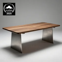 a modern concept of a computer table made of wood and metal