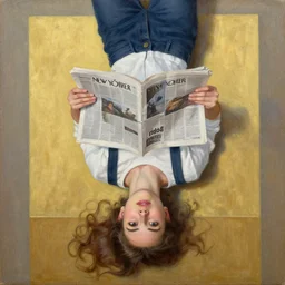 girl weighs upside down, reads the newyorker, streetwear 2 0 7 0, newspaper, oil painting, 8 k golden ratio, portrait in detail
