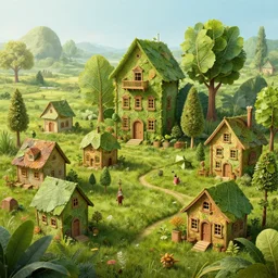 a hiper intricate 3 d artwork of a beatifull little houses made from big leaves in the serene field, intricate, highly detailed, digital painting, artstation, concept art, extremely detailed, sharp focus, octane render wide view, smooth, digital illustration, colorfull, by wlop, by hieronimus bosch, in style of mark ryden