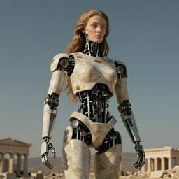 ancient greek womanized humanoid robot, long hair, photorealistic