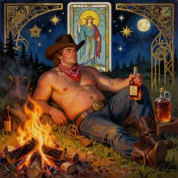 a dramatic, epic, ethereal painting of a handsome thicc mischievous shirtless cowboy with a beer belly wearing a large belt and bandana holding a whiskey bottle | he is relaxing by a fire | background is a late night campfire with food and jugs of whisky | homoerotic | stars, tarot card, art deco, art nouveau, mosaic, intricate | by Mark Maggiori | trending on artstation