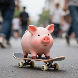 toy pig on skateboard on a crowded street
