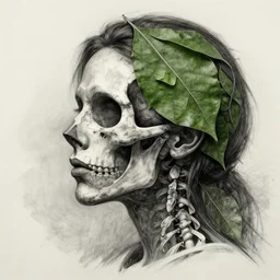a womans face in profile made of leaf skeleton in the style of the beeple and wlop, intricate details, trending in art station, charcoal, beautiful