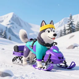 snow rescue husky, cyan and purple snow suit, yellow headband, purple and cyan snowmobile, 3 d model, cartoony, pixar style, artstation, unreal engine, on a mountain, noon, 4 k, ultra quality