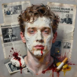 hyperrealistic, photorealistic, mixed media oil painting of brother theodore, magazine scraps, plaster, blood, oil, mustard, cigarettes, splatter, trending on artstation, award - winning painting, greg rutkowski, basquiat, ralph steadman, terry gilliam