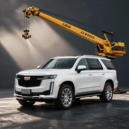 A photo of a white SUV based on a Cadillac Escalade and Chevrolet Tahoe, crane shot