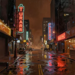 city street at night on mars, cyberpunk, oil painting, rain, neon street signs,