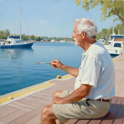 painting of a senior caucasian man, sitting on a deck near the harbor. it i a beautiful summer day