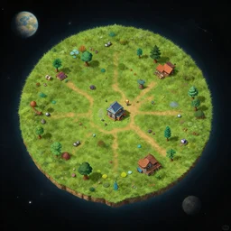 offset overhead view of a small colony, on an alien grassland, on an alien planet, from a space themed point and click 2 d graphic adventure game, set design inspired by marco bittner rosser, art inspired by thomas kinkade