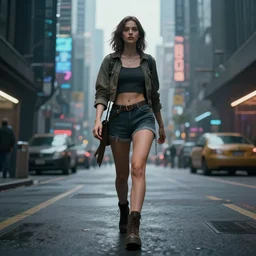 photo of a beautiful woman walking through a cyberpunk city, full body, hyper realistic, 8 k, dslr, unreal engine, highly detailed, science fiction portrait by laura sava