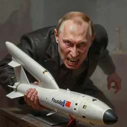 very old and angry vladimir putin as an evil daemon baring his teeth, very detailed, threating by a model of a cruise missile. artwork by artgerm, wide angle, fantasy, highly detailed, digital painting, artstation, smooth, sharp focus, art by thomas kinkade and h. r. giger and tyler edlin