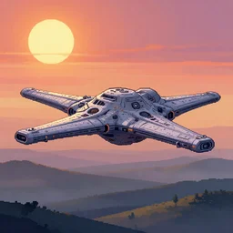 pixel art huge star destroyer ship enters the atmosphere over on an alien planet, sci - fi, two suns in the sky, sunset, rolling hills, atmospheric, misty, artstation, deviantart