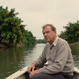 rod serling on a boat, on a river, with tangerine trees and marmalade skies