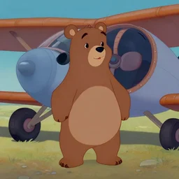 film still vintage disney animation style of the main character bear balou in the classic disney film talespin standing next to an airplane