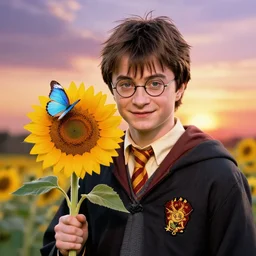 hyperrealism portrait where harry potter appears holding a sunflower in the sunflower this inn a beautiful light blue butterfly, half of the background is a beautiful sunset