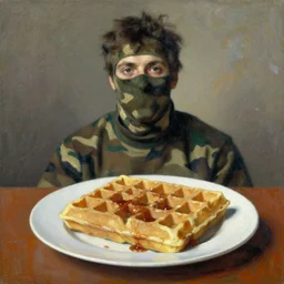 portrait of a man camouflaged as a waffle on a plate still-life graham sutherland ilya repin brad rigney winslow homer eyvind earle dan witz mark ryden palette knife artwork